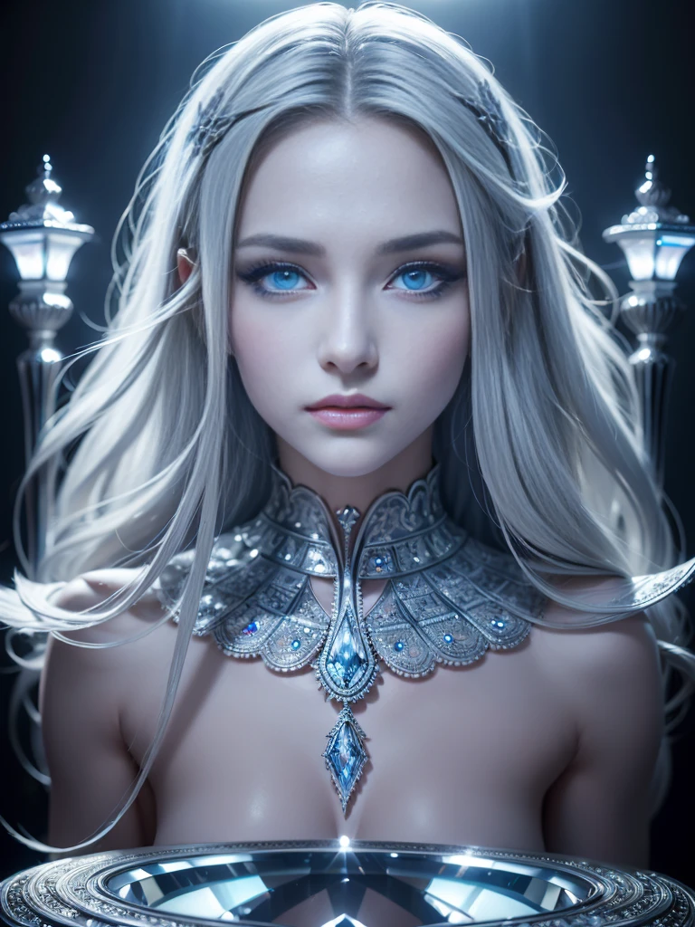 8k, (full body shot:1.4), 20-year-old Swedish girl, raw, Beautiful woman, (straight gray hair), Crystal-encrusted girl, sexy poses, The white skin is inlaid with transparent crystal, ((lens)), The structure is made of crystals, Hourglass body, intricate, beautifull face, elegant, highly detailed, digital hyperrealistic photography, hyperrealistic photography filigree, shyness, most beautyfull face, (masterpiece, sidelighting, (finely detailed beautifull blue eyes: 1.2)),