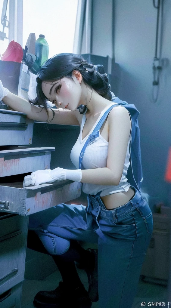 Giraffe woman in white top and blue jeans putting things into drawer, (SFW) Work, Touch her clothes, Work服, Work服, Popular on cgstation, Girl holding warship parts, Popular on cgstation内容, Smooth white tights set, lu ji, V-neck dress, Home, Sakimichan, Sexy Girls