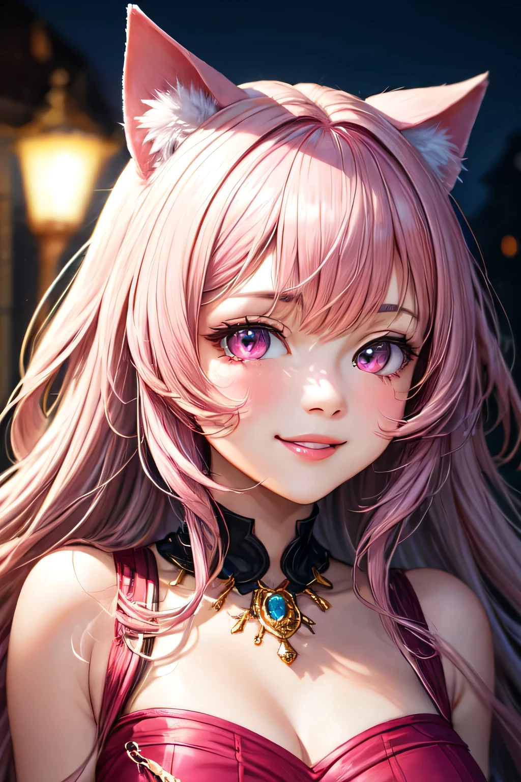 ((with a cute face)), ((best quality)), ((masterpiece)), ((detailed)), highly detailed. 1girl, beautiful girl, glowing face and skin, Detailed face, light pink lips, long pink hair and bangs: 1,5, pink cat ears. outlined rebellious eyes, provocative look, pink eyes. Elegant dress with pink and black checkered design, sleeveless: 1,5, silver necklace, smile,in an elegant palace, at night, Highly detailed warm lighting. artistic style.