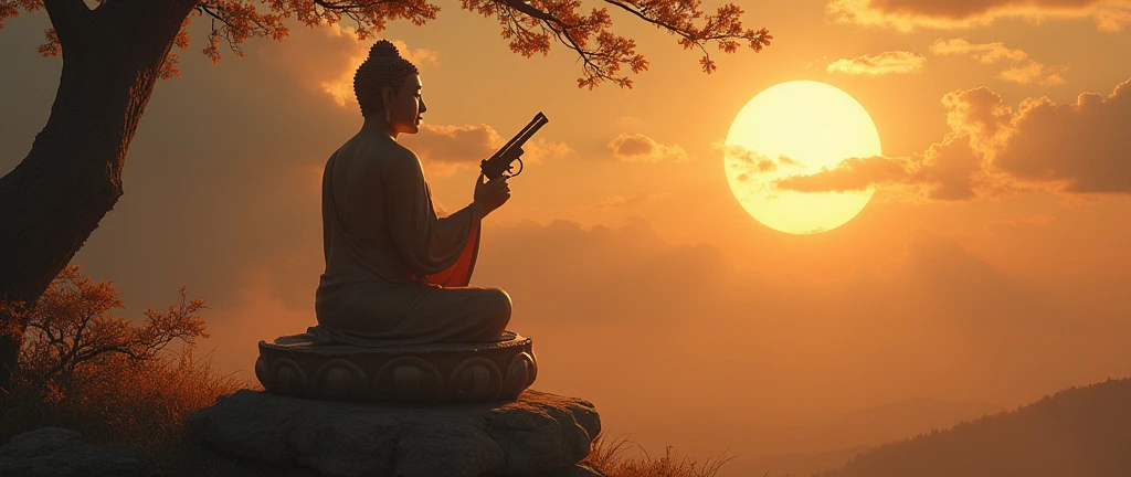 The Buddha holds a gun and does not preach to those who do wrong