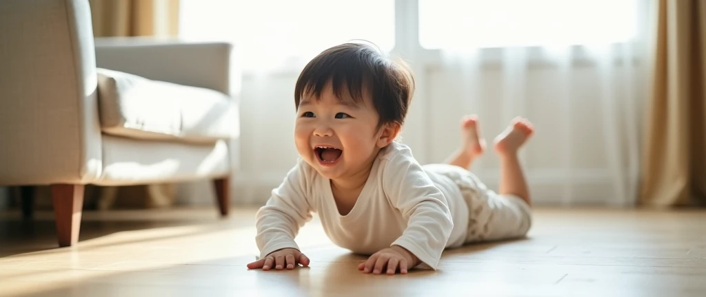 (Photorealism: 1:5), Horizontal framed image showing a chaauy asian child lying on the floor, looks very happy and is showing a lively pose. The child is wearing a white long-sleeved shirt and light-colored pants.. The child&#39;s posture looks like he is playing., maybe playing some game. There is a bright interior space around with a sofa on the left side.. Light colored floors, create a sense of spaciousness and friendliness, large floor area.

The atmosphere of the image gives a sense of fun and vivacity..