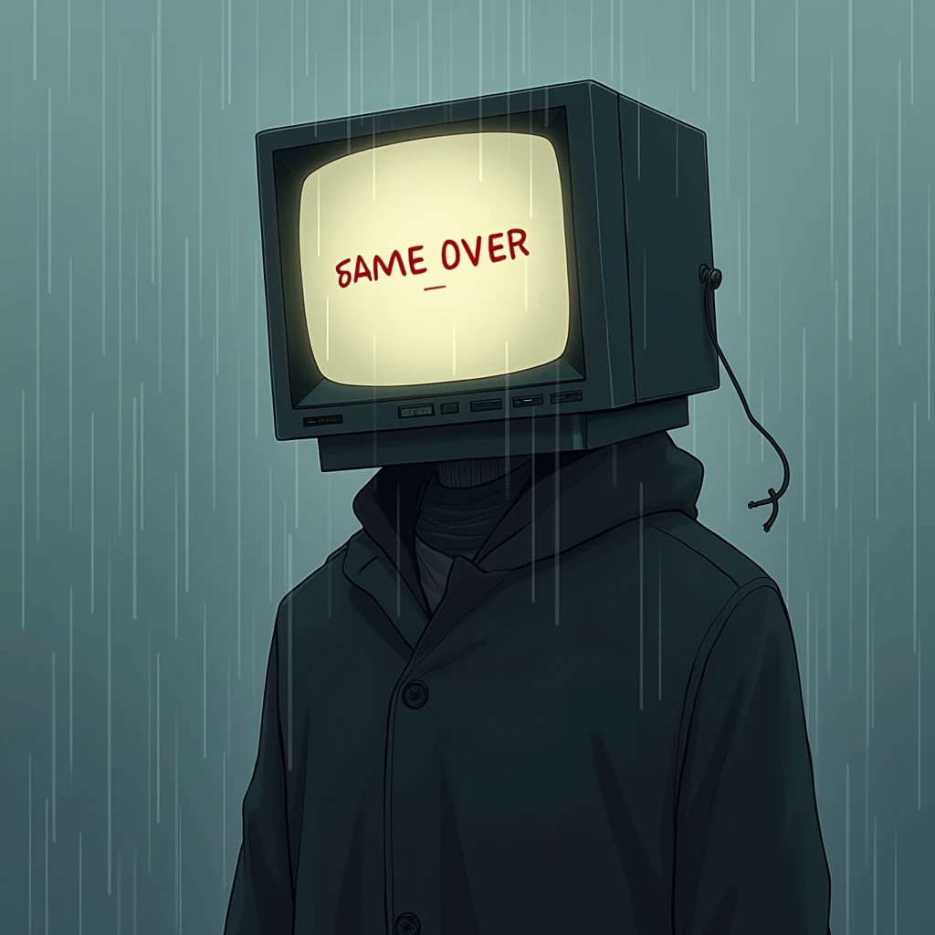 a man in a raincoat has a TV instead of a head, where the inscription is written - anime_new.ru game over. in gray tones, it is raining. picture in anime style