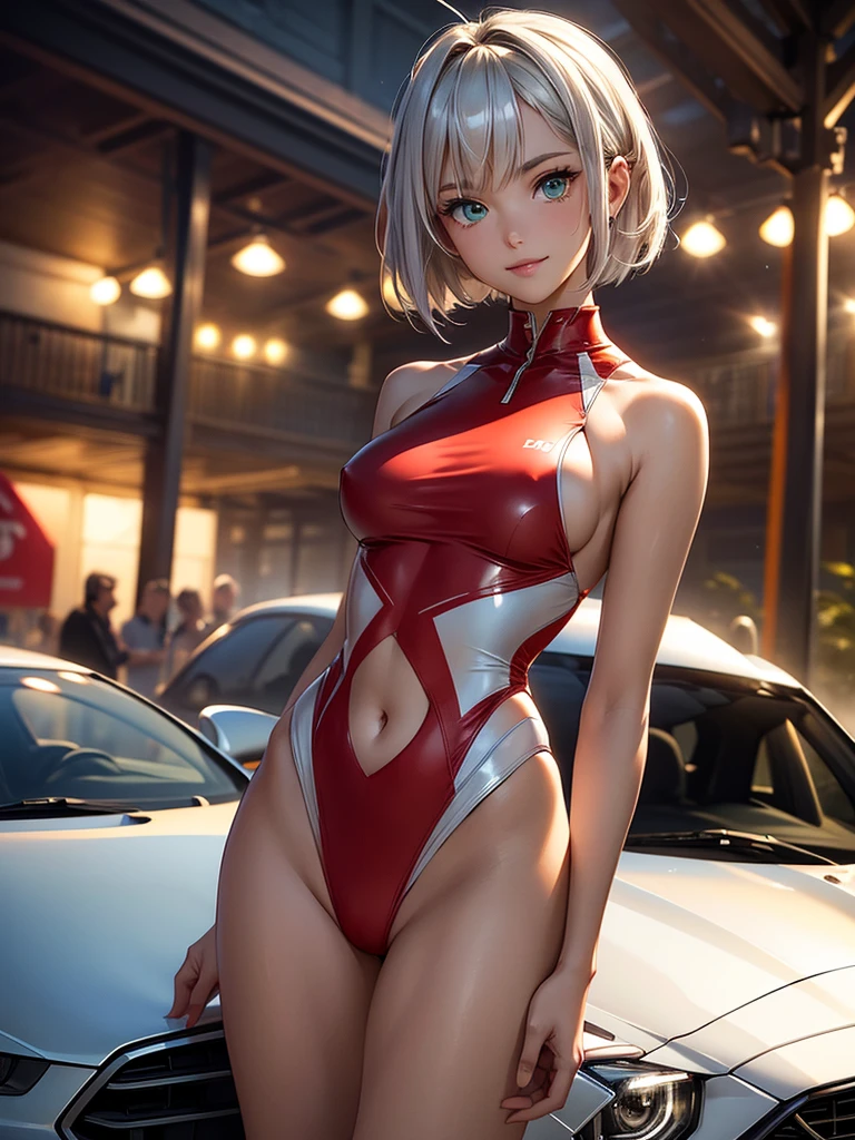 ((masterpiece, best quality, ultra-detailed, high resolution, extremely detailed CG, super detailed, Beautiful human body modeling, Most beautiful clean lighting)), 1 girl, Young looking girl, beautiful girl, cute girl and idol face, smile, shiny silver hair and short bob cut and ahoge, beautiful green, eyes, white skin, medium breasts, slender build, Small waist, Race queens, car racetracks, sports cars, red and white swimsuit-like outfits,