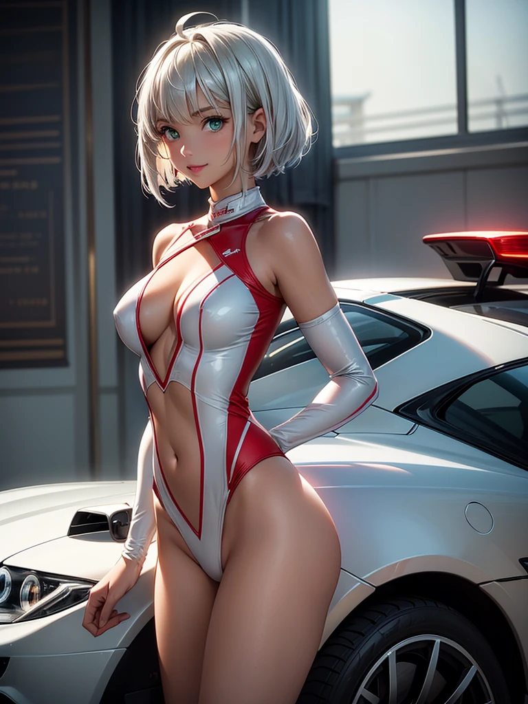 ((masterpiece, best quality, ultra-detailed, high resolution, extremely detailed CG, super detailed, Beautiful human body modeling, Most beautiful clean lighting)), 1 girl, Young looking girl, beautiful girl, cute girl and idol face, smile, shiny silver hair and short bob cut and ahoge, beautiful green, eyes, white skin, medium breasts, slender build, Small waist, Race queens, car racetracks, sports cars, red and white swimsuit-like outfits,