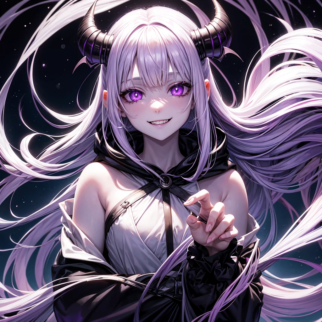 Demon girl with pale white skin, purple crystalline eyes, long white hair with purple highlights, she has demon fangs and is smiling, there or two a small spherical objects behind her and they have bat wings and crystalline irises, The girl is wearing a black robe with a black hood, her hair is coming out of the hood, The camera is looking up at her face, she is smiling, the full moon is behind her, it is a dork and clear night