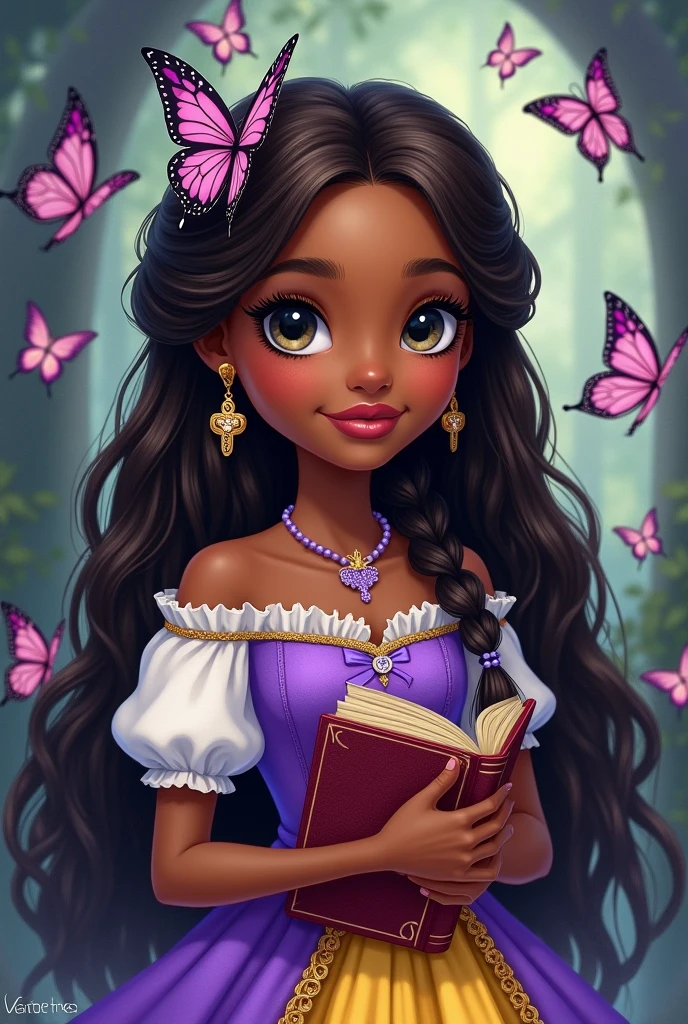 Imagem da filha da Cerise Hood e da Cedar Wood de Ever After High: You must have straight hair with brown waves, with braids, dark brown skin, gray eyes, purple dress with white on top and yellow with purple on the bottom, wolf pendant, butterfly earrings, butterfly elements on clothes and hair and holding a book of fairy tales