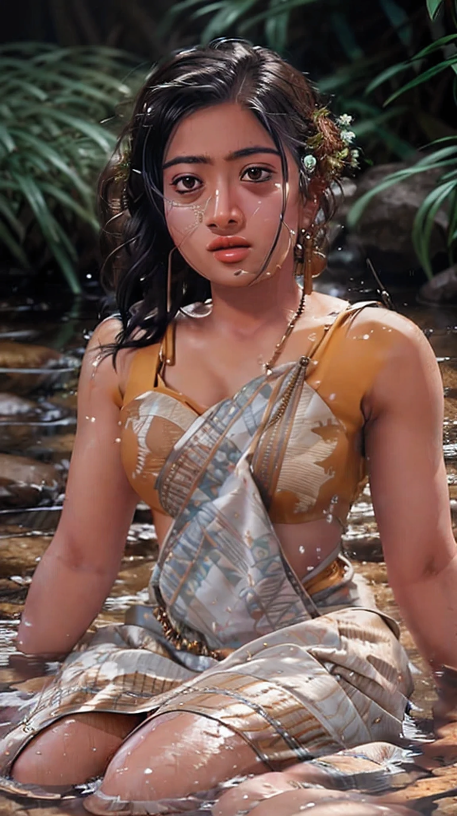 Close up portrait of Rashmika Mandanna  bathing naked in a crystal clear river, reeds, (backlighting), realistic, masterpiece, highest quality, lens flare, shade, bloom, [[chromatic aberration]], by Jeremy Lipking, by Antonio J. Manzanedo, digital painting,