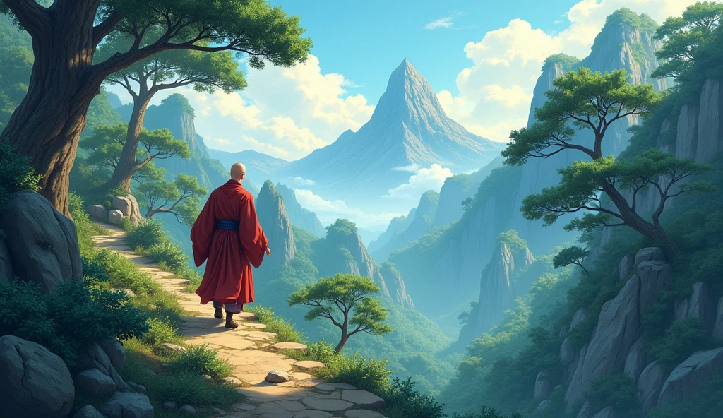 Chinese bald desciple climbing up mountain towards peak, beautiful scenario, curious, walking, climbing, peaceful, beautiful trees, forest, hill, in anime style,
