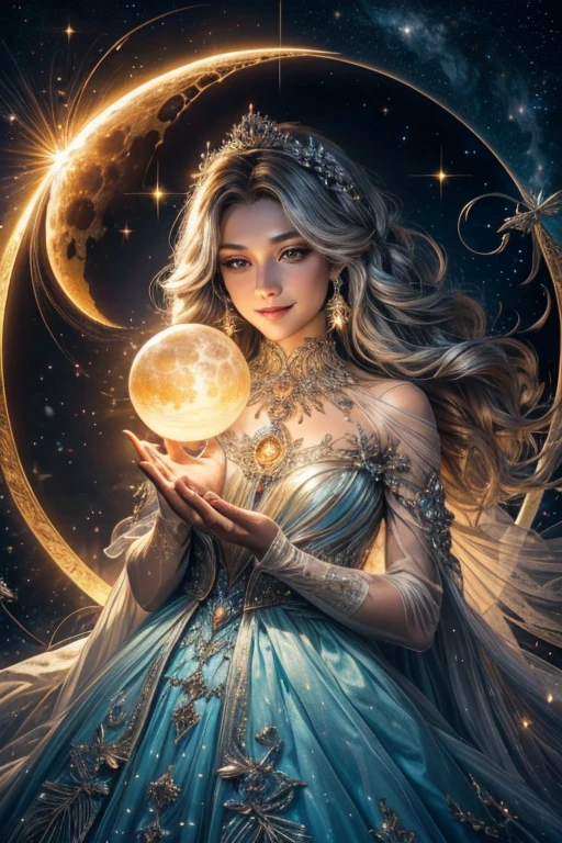 A light orb with magician circle around the orb, hand, five shining butterfly, creepy smile, sparkle sky, shining, gust of wind, light flowers, sun and moon, dark light of fantastic and cosmological with universal. Amazing view very bright and warm starry. Detail, HD, Enchanted. Multiple colours. Beautiful perfect face and anatomy. Amazing dress.