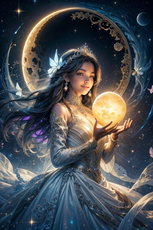 A light orb with magician circle around the orb, hand, five shining butterfly, creepy smile, sparkle sky, shining, gust of wind, light flowers, sun and moon, dark light of fantastic and cosmological with universal. Amazing view very bright and warm starry. Detail, HD, Enchanted. Multiple colours. Beautiful perfect face and anatomy. Amazing dress.