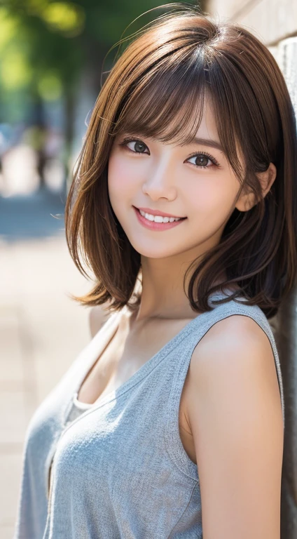 Happy smile seeing this、In the city、(Highest quality,8K quality,masterpiece:1.3,),(Ultra-high resolution:1.3,Realistic:1.4,RAW Photos:1.2),(Very detailed:1.2,Glowing Skin,Detailed skin:1.1),(Detailed face,Perfect Anatomy,Caustics:1.2),,1 girl,cute,Japanese,1,Japanese Ido,Natural brown hair,Curl short hair outward,cute目,Natural Makeup,bright casual clothes,Laughter,Looking into the camera,On the face,Face Focus,Professional Lighting,Natural soft light,