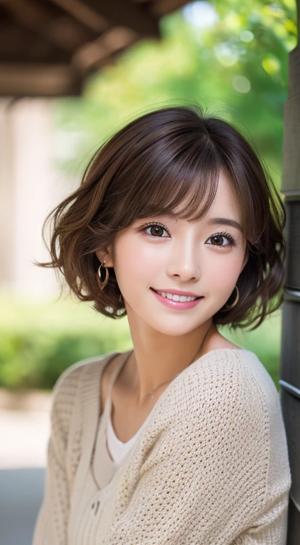 Happy smile seeing this、In the city、(Highest quality,8K quality,masterpiece:1.3,),(Ultra-high resolution:1.3,Realistic:1.4,RAW Photos:1.2),(Very detailed:1.2,Glowing Skin,Detailed skin:1.1),(Detailed face,Perfect Anatomy,Caustics:1.2),,1 girl,cute,Japanese,1,Japanese Ido,Natural brown hair,Curl short hair outward,cute目,Natural Makeup,bright casual clothes,Laughter,Looking into the camera,On the face,Face Focus,Professional Lighting,Natural soft light,