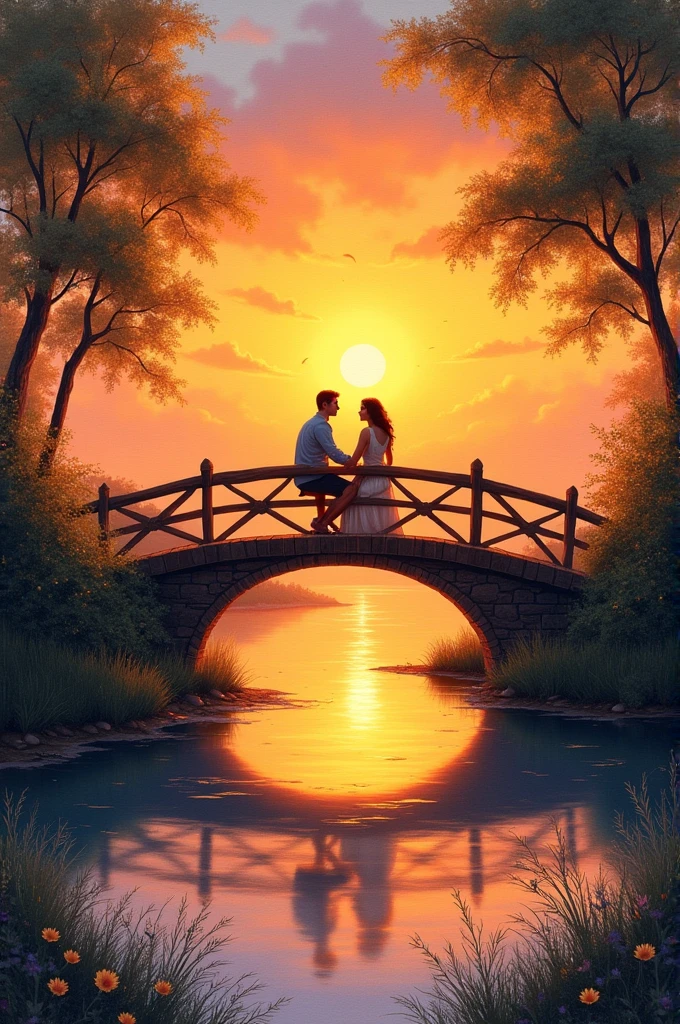 Make an sunset drawing that has a bridge in the middle and there is a couple sitting in it
