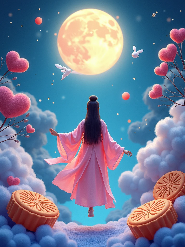 Wool felt style,Surreal space,abstract,Mid-Autumn Festival,Ancient mythology,Hanfu,1个身穿Hanfu的可爱女孩,Chang'e's felt clothing looks soft and warm under the moonlight,sweet and delicious giant round mooncakes,Fluffy love heart,Fluffy clouds,Star,Beautiful moon,White rabbit,Laurel,Osmanthus fragrans,In a dream,A vibrant and fun way to set the stage,Blue, purple and pink tones,Bright,Art