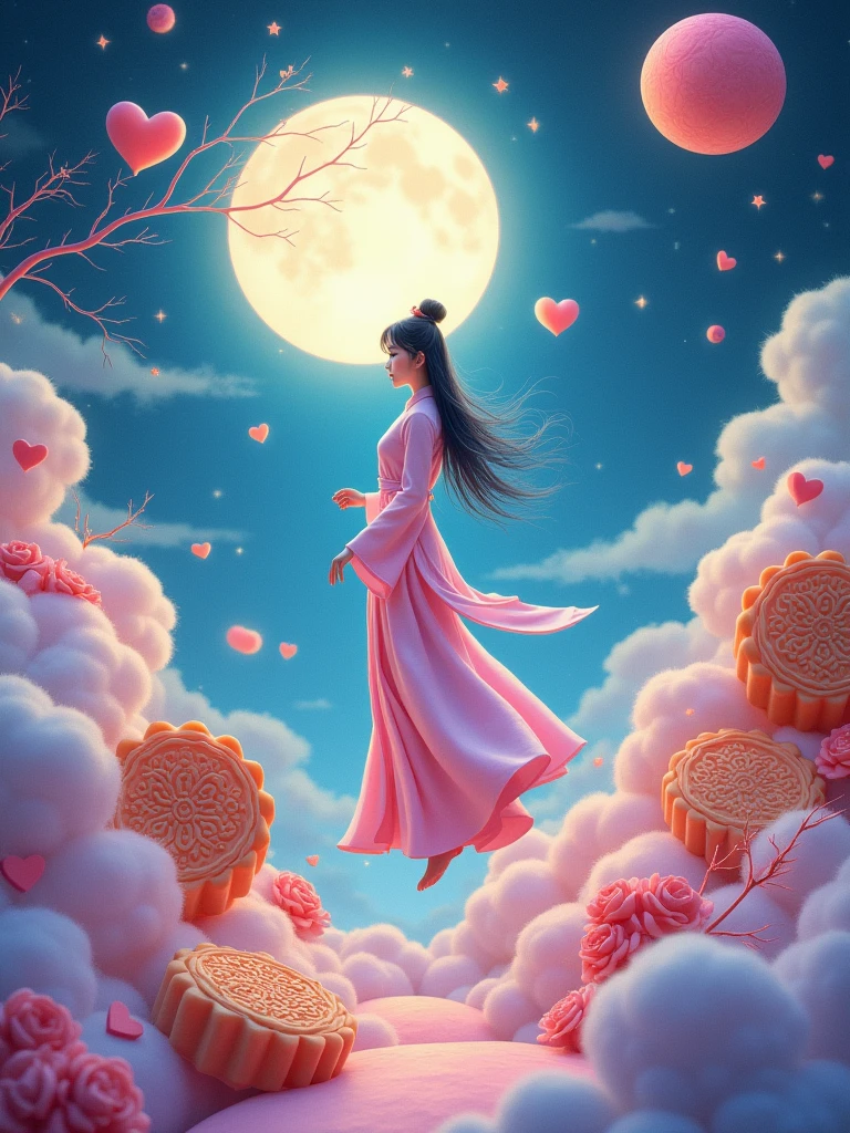 Wool felt style,Surreal space,abstract,Mid-Autumn Festival,Ancient mythology,Hanfu,1个身穿Hanfu的可爱女孩,Chang'e's felt clothing looks soft and warm under the moonlight,sweet and delicious giant round mooncakes,Fluffy love heart,Fluffy clouds,Star,Beautiful moon,White rabbit,Laurel,Osmanthus fragrans,In a dream,A vibrant and fun way to set the stage,Blue, purple and pink tones,Bright,Art