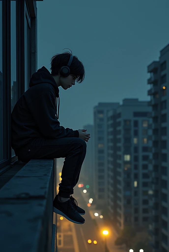 A age boy wearing black headphones black hoodie ,black track pants and black shoes sitting in the balcony of 36th floor sadly looking down to a happy couple at night on the street there is only one yellow street lamp