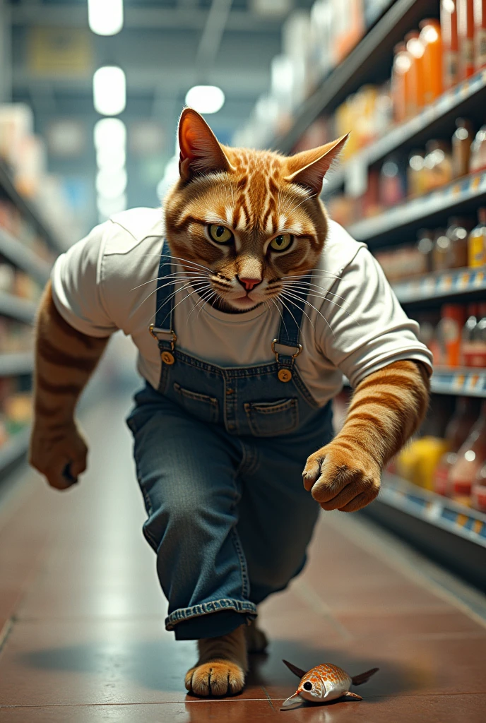 Cat'Eyes, Muscular Cat, White shirt, Overalls, supermarket, Inside the store, Add fish and steal escaped fish, by Kenket, (Sharp focus, masterpiece, 8k, intriCate artwork, Very detailed, Attention to detail)