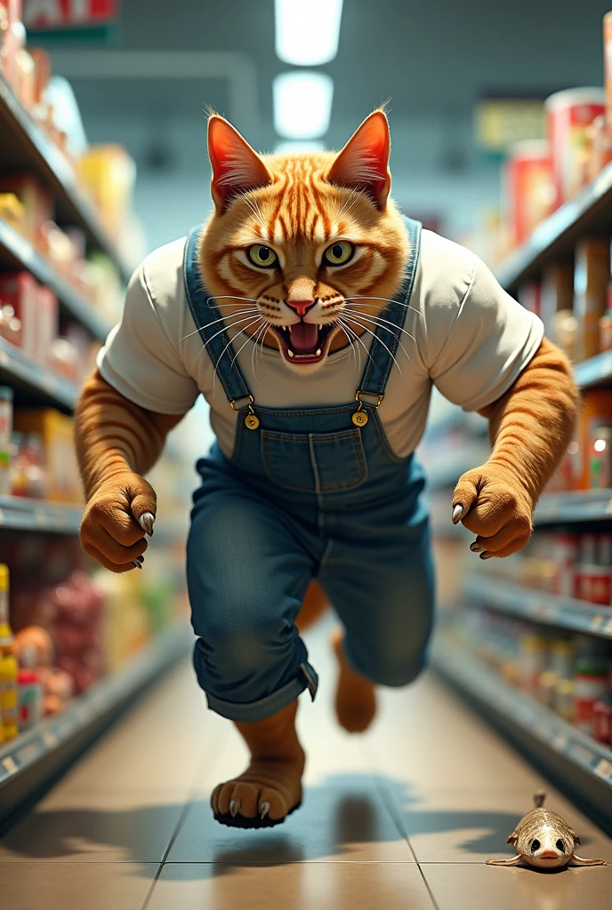 Cat'Eyes, Muscular Cat, White shirt, Overalls, supermarket, Inside the store, Add fish and steal escaped fish, by Kenket, (Sharp focus, masterpiece, 8k, intriCate artwork, Very detailed, Attention to detail)