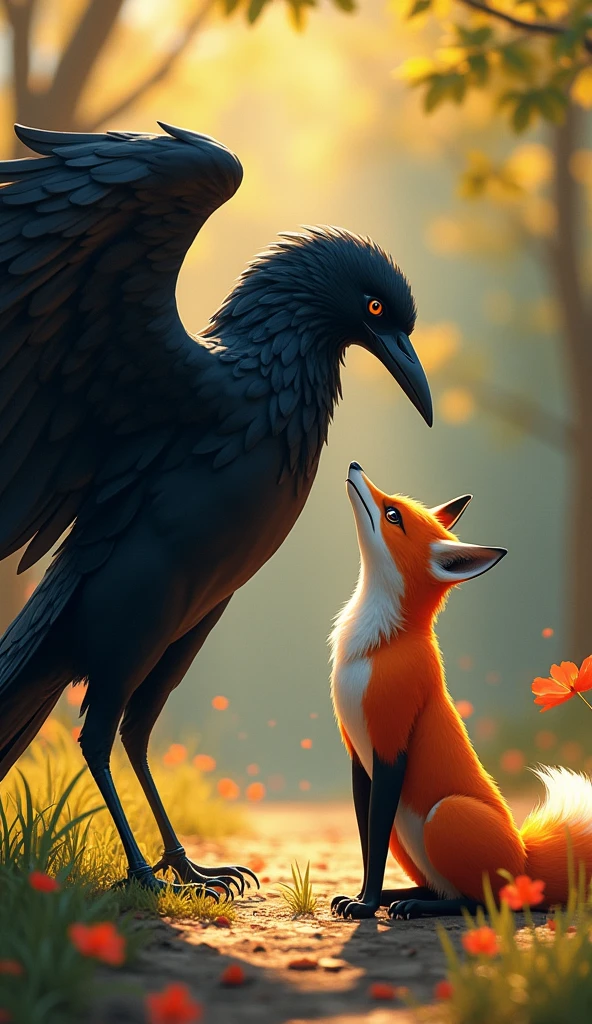 Fox&#39;s flattery: The fox is standing in front of the crow smiling and admiring the crow. The brightness of the crow&#39;s wings is visible in the sunlight.