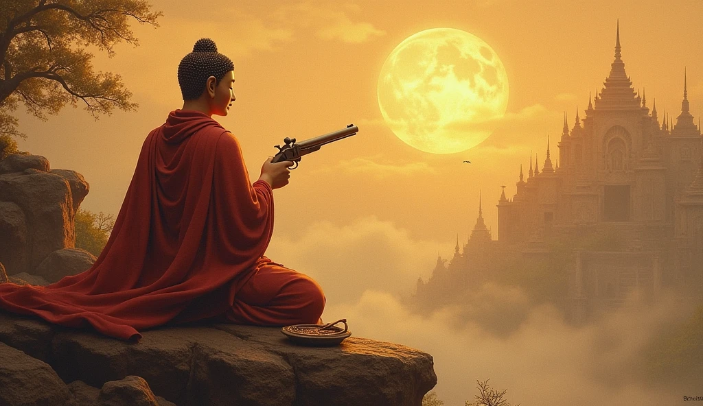 The Buddha holds a gun and does not preach to those who do wrong