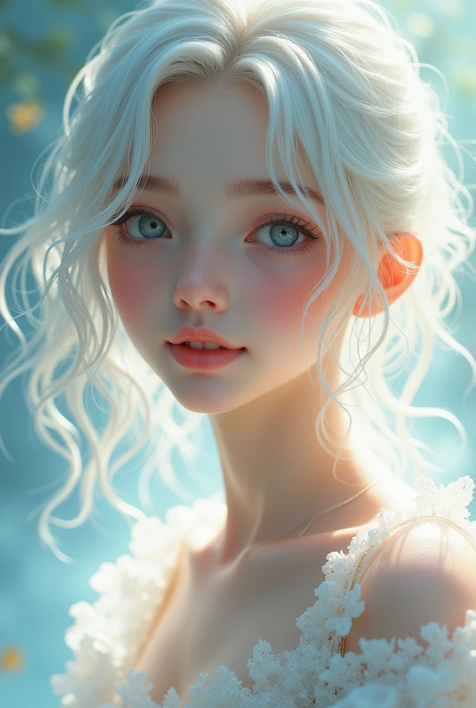 Cute white hair, blue eyes, a smile, light pouring down, white skin sparkling
