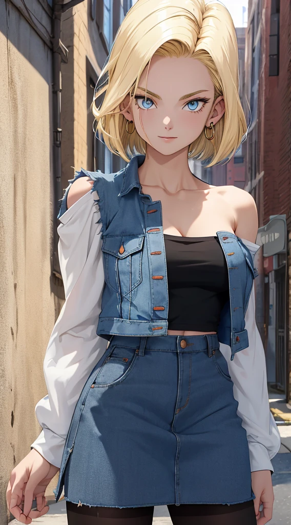 best quality, highres, and18, 1girl, android 18, solo, blonde hair, blue eyes, short hair, earrings, jewelry, denim vest, open vest, black pantyhose, black shirt, denim skirt, striped long sleeves, blue skirt, medium breasts, cowboy shot, street, (Externally expanded Chest:1.2), (Strapless:1.2), off-the-shoulder