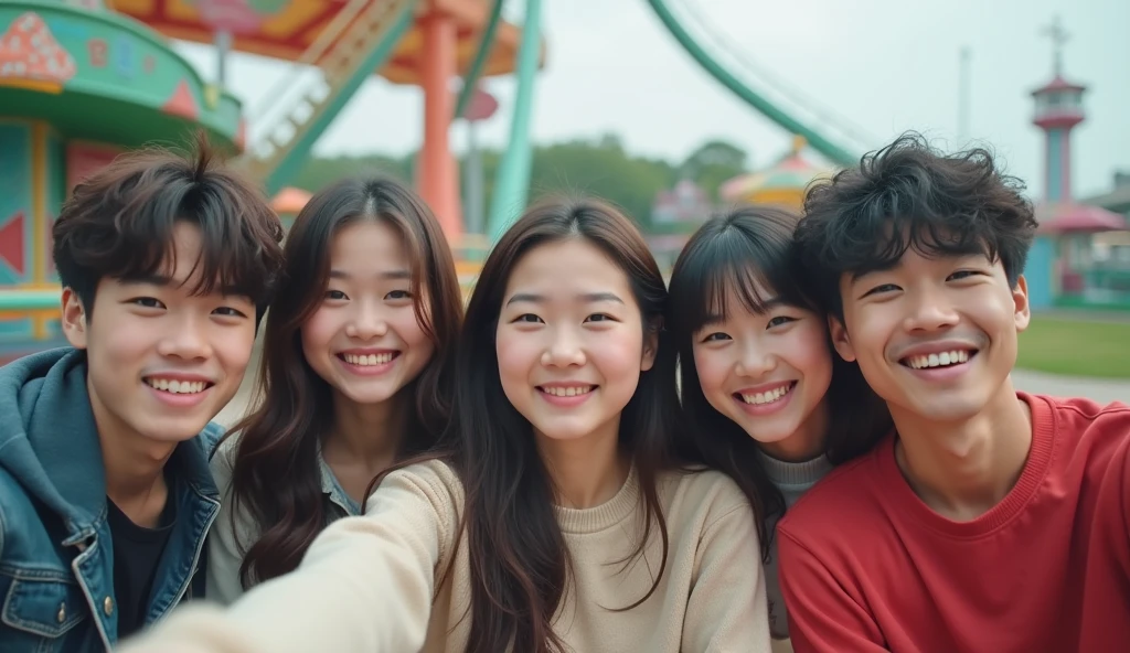Two Japanese male and three female university students dressed in fashionable clothes are looking up with cheerful expressions at an amusement park,Excited, Photo of your face, Amusement park in the background, with a natural look, With a slightly tired look, tilt your face a little, Diagonal orientation, Average face