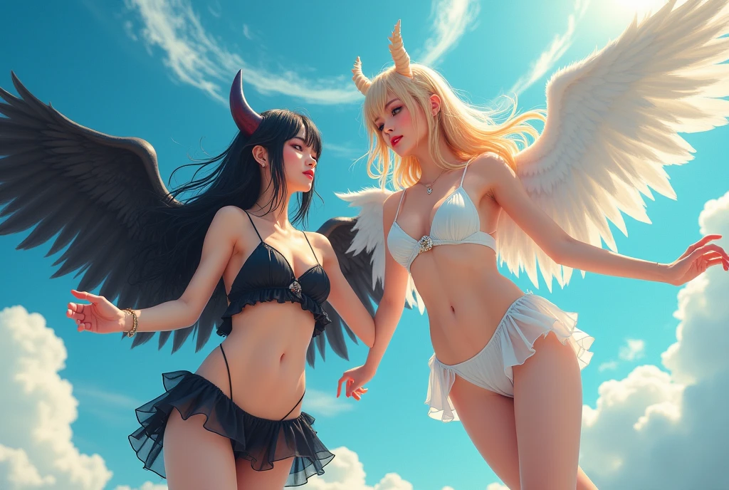 Real photo, (masterpiece), (Highest quality), (Ultra fine), (Disheveled Hair), (Body Type), Of 2 Japanese, devil and angel (Black leather ruffle bikini and white chiffon ruffle bikini), Black Devil's Wings and White angel's wings, Immersed in sky, Fashion Model, (The background is sky), Narrow and beautiful eyes, Cute Face, Floating, (High chroma), Focus on the face, Devil horns, Circle of Angels, Black bob cut hair and blond long hair, Best Shadow、