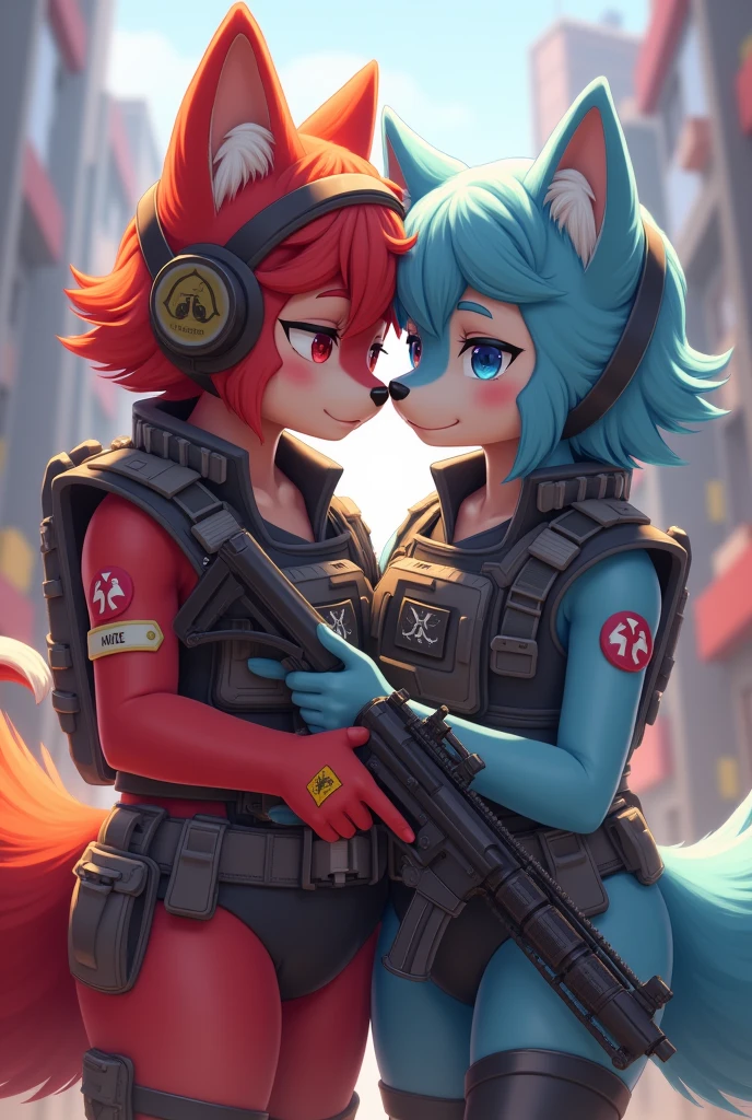 Two furry creatures, one red and the other light blue.,both feminine and very tender with vest,helmet and weapons who are playing free fire 
