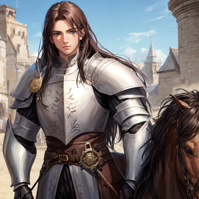 Handsome tall and strong man in knight armor with long black-brown hair and blue eyes against the background of a knight's camp in a field near a forest masterpiece high details super detail accurate best quality