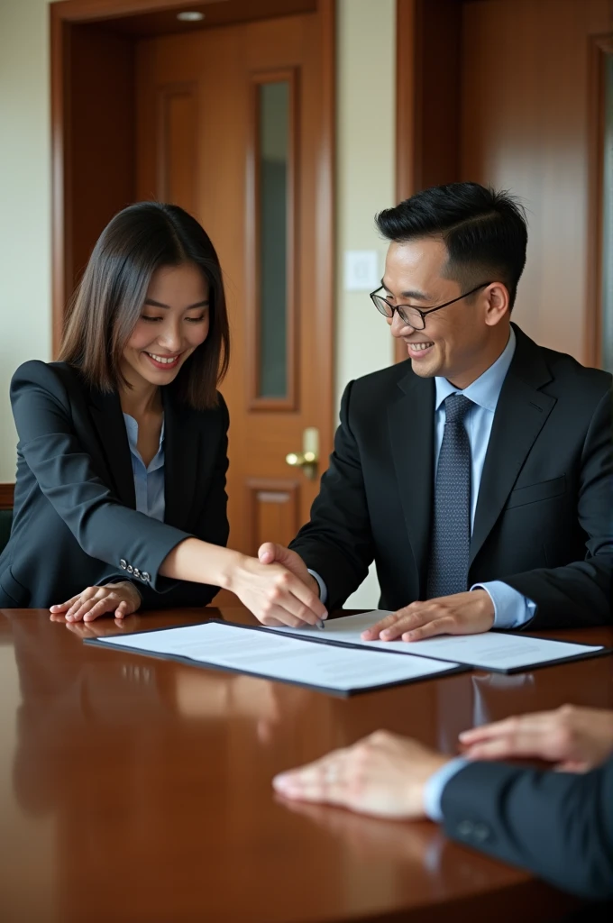 Scene 5: Signing the contract
* atmosphere: The same conference room as in Scene 1
* character:
    * Ms. Pin is signing the contract.
    * Mr. Somchai sat at the conference table with a smile and reached out to shake hands.