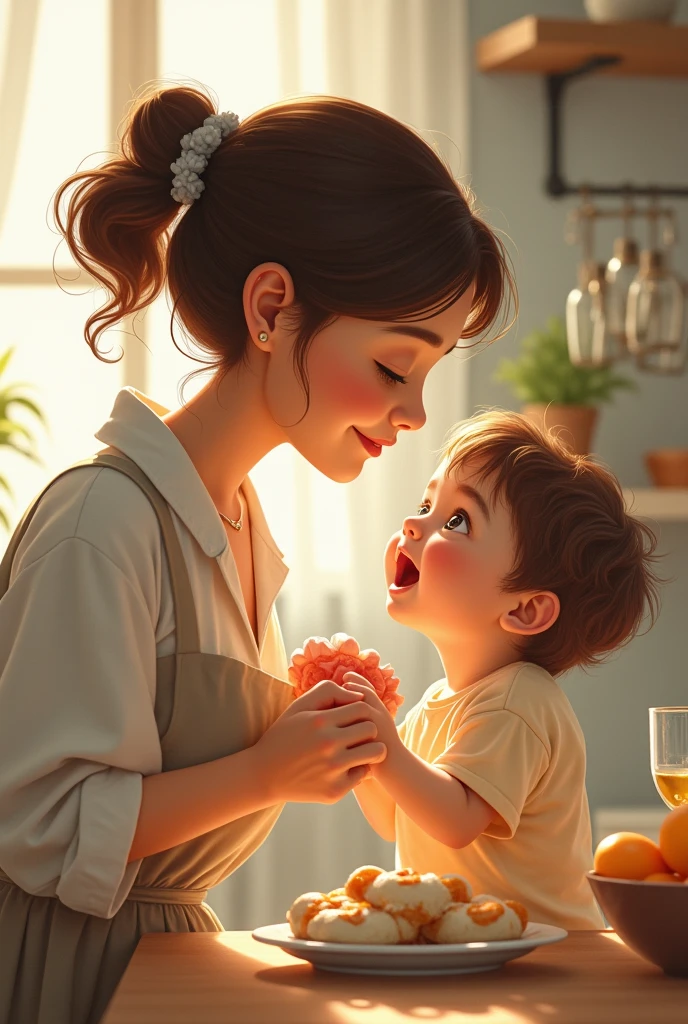 Illustration of mother giving her child food