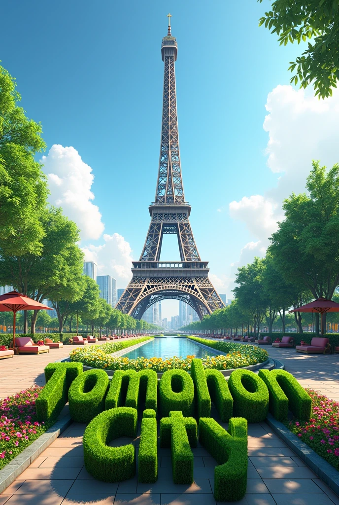 Featuring full HD high resolution images, make a tower like the Eiffel tower in the middle of the city, around the tower you can see colorful flower gardens and seating areas, in front of the tower you can see text made of green grass with the words hiruf written on it "Tomohon City", cool background of nature and city, realistic