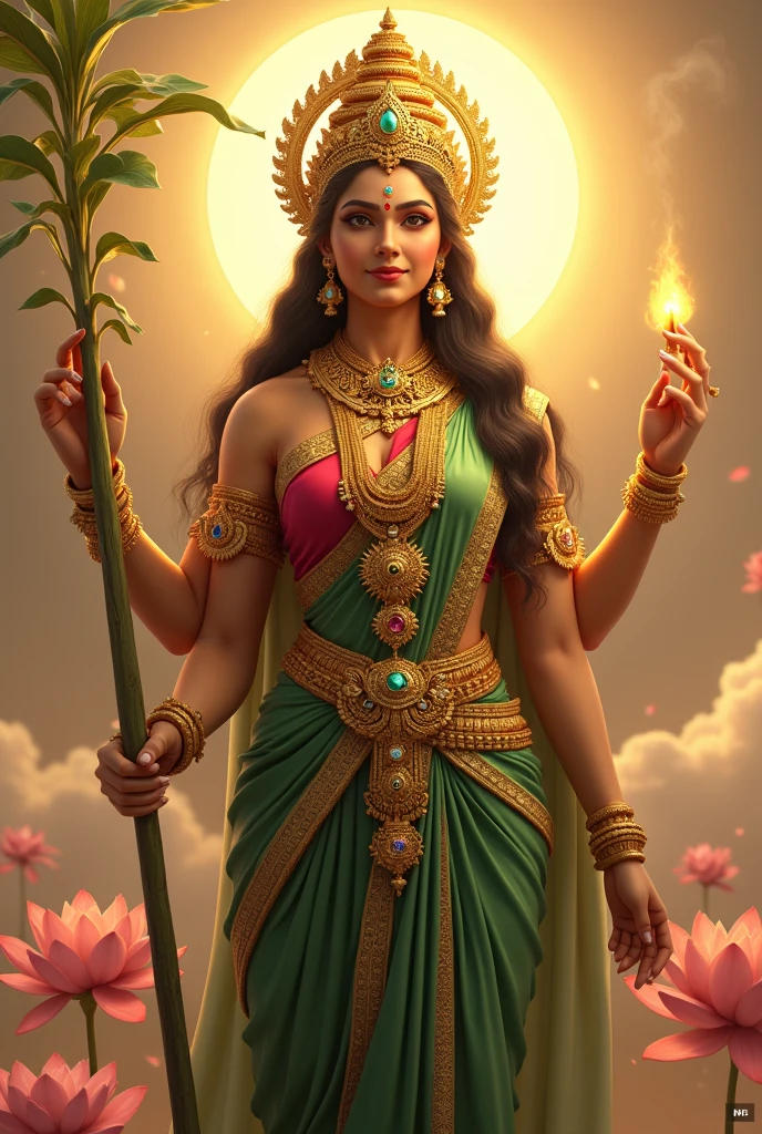 "Create an ultra-realistic image of the Supreme Goddess Lalitha, showcasing her divine grace and beauty. She should be depicted with radiant, golden skin that glows with an ethereal light. Her face should be exquisitely detailed, with large, compassionate eyes full of wisdom and serenity, a finely sculpted nose, and full lips curved into a regal, serene smile. Her long, dark hair should be styled elegantly, adorned with a richly decorated crown set with precious gemstones.

Goddess Lalitha should be dressed in an opulent green saree paired with a vibrant red blouse. The saree should be richly embroidered with intricate patterns and divine symbols in gold, reflecting her supreme status. The blouse should complement the saree, adding to the regal appearance. Her attire should be completed with luxurious jewelry, including elaborate necklaces, bangles, and earrings that shimmer with divine light.

In one hand, she should hold an extremely long sugarcane stalk, symbolizing sweetness, fertility, and prosperity. Her other hand could be in a blessing gesture or holding a sacred object. The background should feature a celestial scene with soft, golden light, and elements such as lotus petals or clouds, enhancing the divine and majestic atmosphere. The overall image should capture Goddess Lalitha’s supreme beauty, grace, and divine authority in a highly realistic and detailed manner."