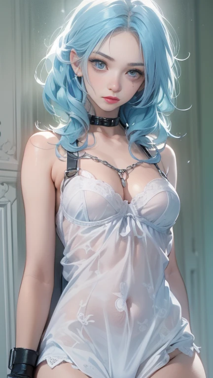 (Realistic:1.6),(High resolution:1.6),(alone, ),(Thin woman:1.2),(Beady Eyes),(Hollow Eyes),(Light blue hair),(Cool Beauty:),(Slender body),(Show off your ribs),(experience an orgasm),(Preteen),(Small breasts),(Flat Chest),(Ahegao),(Ecstasy),(sexual excitement),(BDSM),(A dirty white dress that shows through her skin),(Harness),(constrained),(Hands tied),(Hanging by chains),(Restraint device),(Tied up with leather belts),(Tied up and unable to move),(masochism),(eroticism),(Both armpits are visible),(Hands behind head),(Sexually assaulted),(Paper Panties),(Paper Bra),The bottle at my feet contains a white liquid.,Bathe your face with milk,Bathe your breasts with milk,Bathing your feet in milk,Sweating profusely