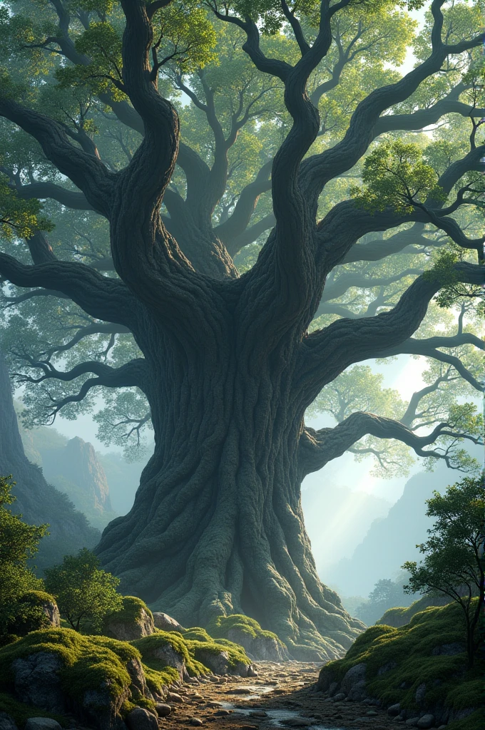 Giant old oak forest treetops from the ground. its massive trunk and gnarled branches reaching up towards the sky. The leaves on the tree are meticulously rendered. The branches spread out in all directions, forming a canopy. The trunk of the tree continues into the distance, disappearing into a misty haze, suggesting an almost infinite depth and age. 