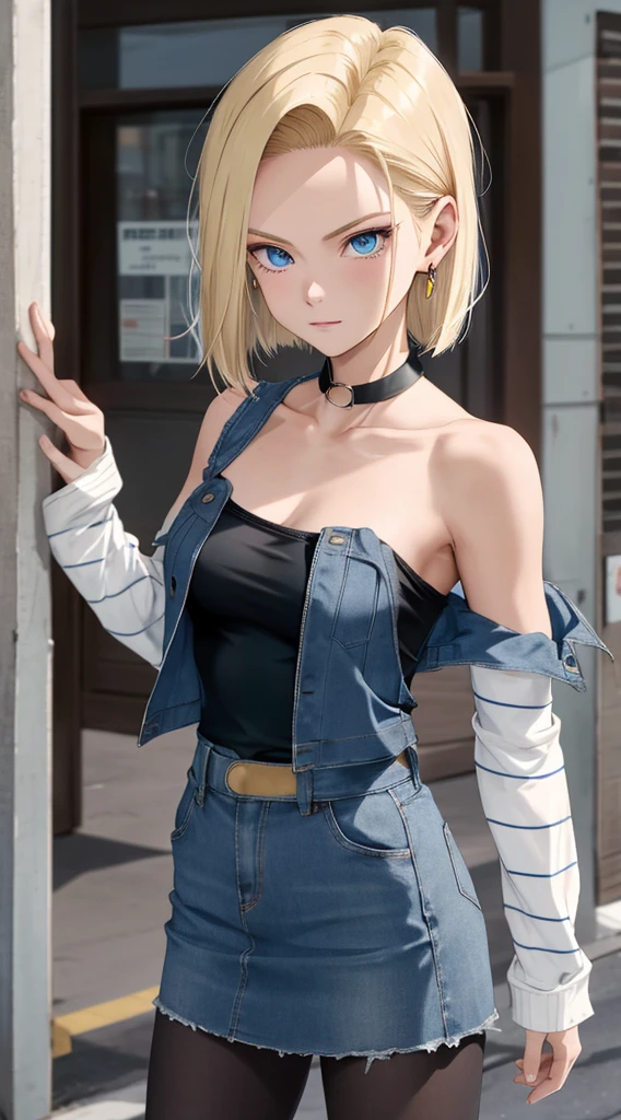 best quality, highres, and18, 1girl, android 18, solo, blonde hair, blue eyes, short hair, earrings, jewelry, denim vest, open vest, black pantyhose, black shirt, denim skirt, striped long sleeves, blue skirt, medium breasts, cowboy shot, street,  (Externally expanded Chest:1.2), (Strapless:1.2), off-the-shoulder,