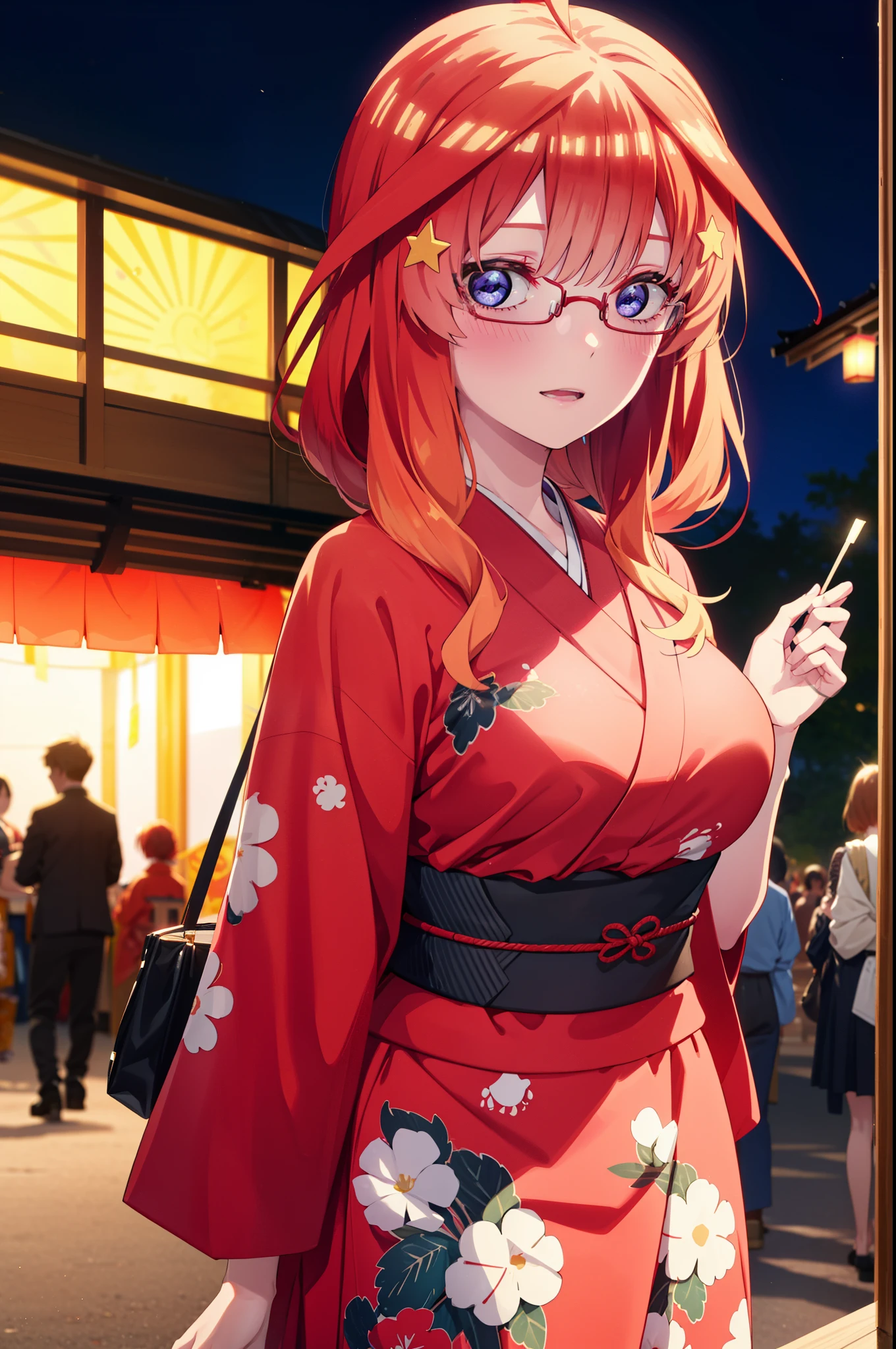 itsukinakano, Itsuki Nakano, bangs, blue eyes, Hair between the eyes, Ahoge, Redhead, star \(symbol\), hair ornaments, star hair ornaments,花のhair ornaments,Black-rimmed glasses,hair tied back,smile,blush,Open your mouth,Big Breasts,night,Red Kimono,Long skirt,He is holding cotton candy in his right hand and a clear bag full of cotton candy in his left hand.,Japanese Festivals,Summer festival food stalls,Red lantern,whole bodyがイラストに入るように,
break looking at viewer,whole body, (Cowboy Shot:1. 5),
break outdoors, Veranda,
break (masterpiece:1.2), Highest quality, High resolution, unity 8k wallpaper, (figure:0.8), (Beautiful attention to detail:1.6), Highly detailed face, Perfect lighting, Highly detailed CG, (Perfect hands, Perfect Anatomy),