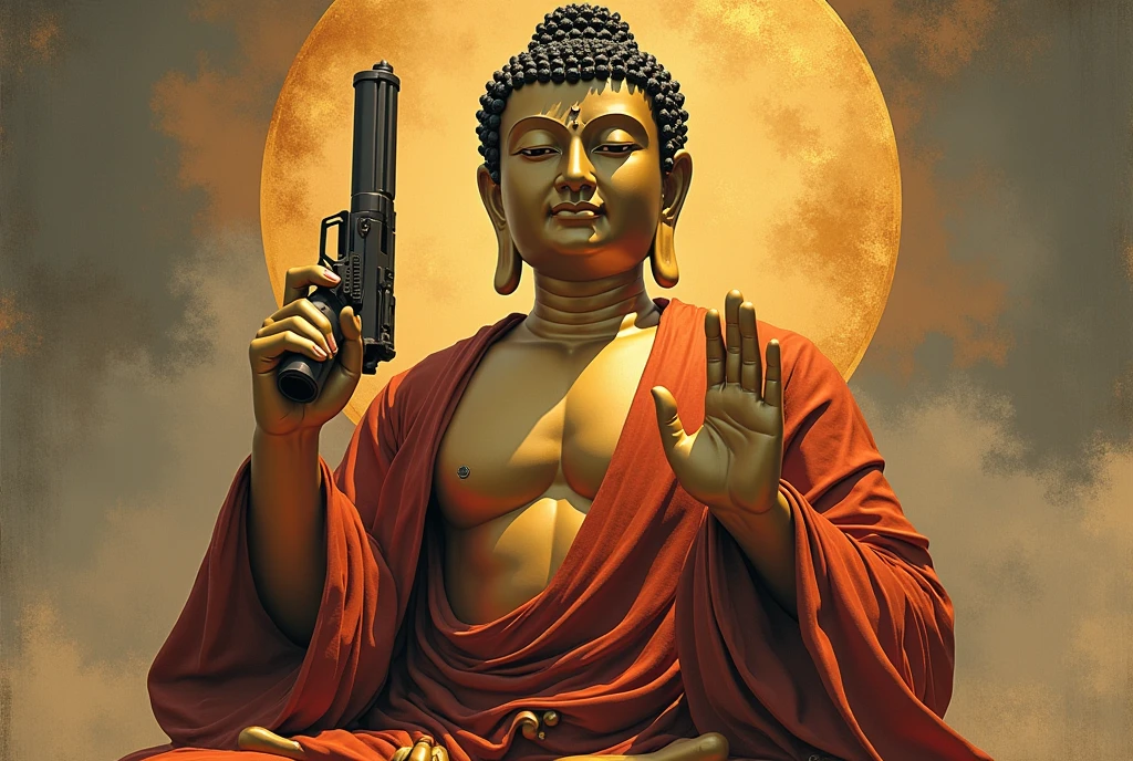 The Buddha holds a gun and does not preach to those who do wrong
