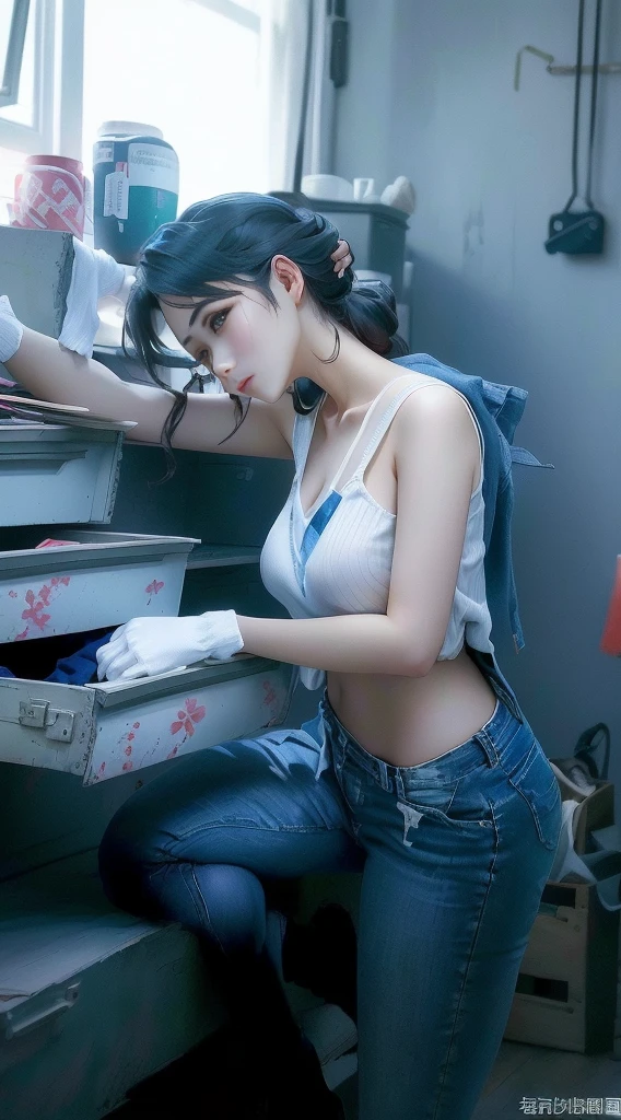 Giraffe woman in white top and blue jeans putting things into drawer, (SFW) Work, Touch her clothes, Work服, Work服, Popular on cgstation, Girl holding warship parts, Popular on cgstation内容, Smooth white tights set, lu ji, V-neck dress, Home, Sakimichan, y Girls