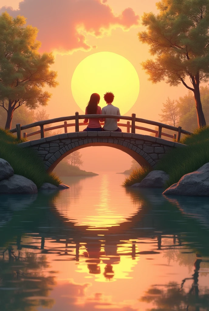 Make an easy sunset drawing that has a bridge in the middle and there is a couple sitting in it