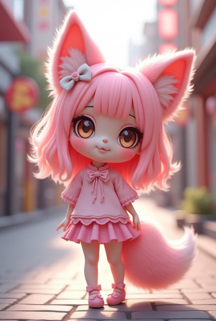 gender: female
species: Kitsune pink fox ears and tails
age: 1
ethnicity: South Korean
skin color: white with pink undertone
hair color: pink
hair style: long wavy hair with bangs
body type: curvy pear narrow shoulders small, flat breasts thin waist wide hips fat legs
height: 4.5
appearance: cute  with big brown eyes doll eyelashes and pink lips
clothing style: kawaii pink
dressed in a blouse with flocked sleeves and a pink mini skirt with a bow decoration on the side of the skirt sidewalk with pink high heel shoes
accessories: a light pink bow on each side of the hair