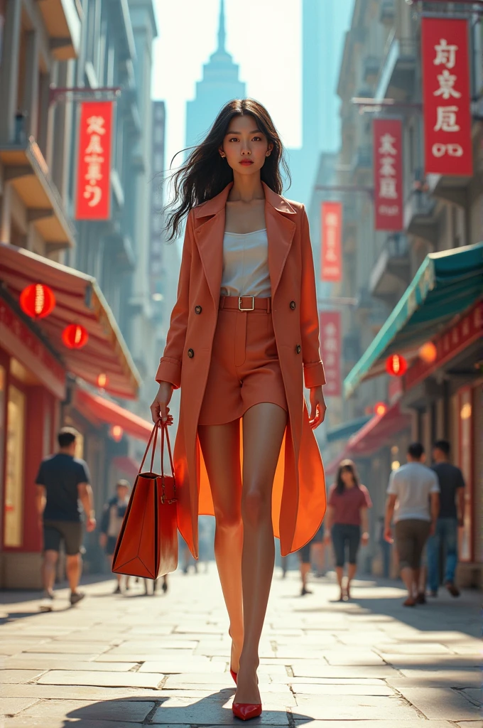 Create a beautiful modern long legged Asian girl going shopping