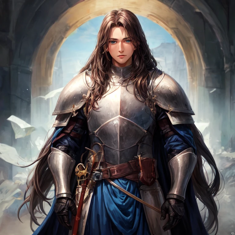 Handsome tall and strong man in knight armor with long black-brown hair and blue eyes against the background of a knight's camp in a field near a forest masterpiece super detail best quality