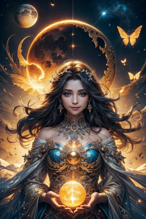 A light orb with magician circle around the orb, hand, five shining butterfly, creepy smile, sparkle sky, shining, gust of wind, light flowers, sun and moon, dark light of fantastic and cosmological with universal. Amazing view very bright and warm starry. Detail, HD, Enchanted. Multiple colours. Beautiful perfect face and anatomy. Amazing bright dress. Very epic and bright