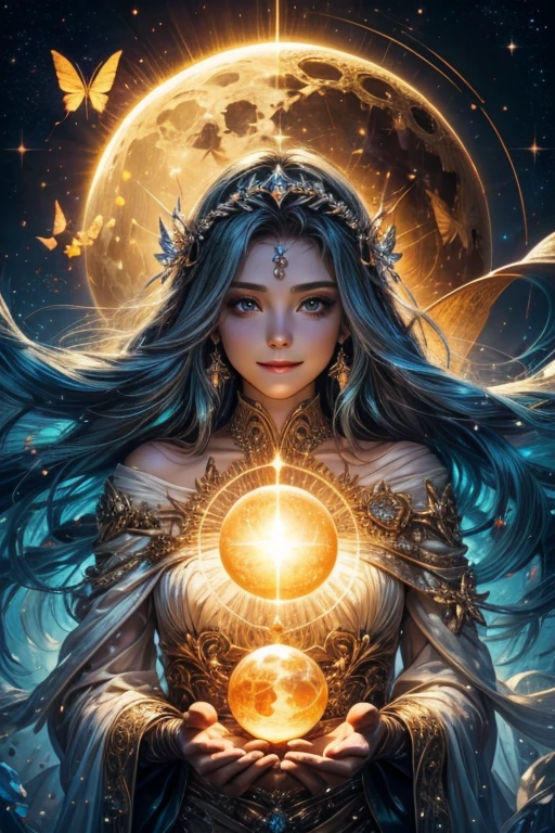 A light orb with magician circle around the orb, hand, five shining butterfly, creepy smile, sparkle sky, shining, gust of wind, light flowers, sun and moon, dark light of fantastic and cosmological with universal. Amazing view very bright and warm starry. Detail, HD, Enchanted. Multiple colours. Beautiful perfect face and anatomy. Amazing bright dress. Very epic and bright
