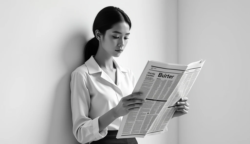 image of a woman reading a newspaper with a black and white background

