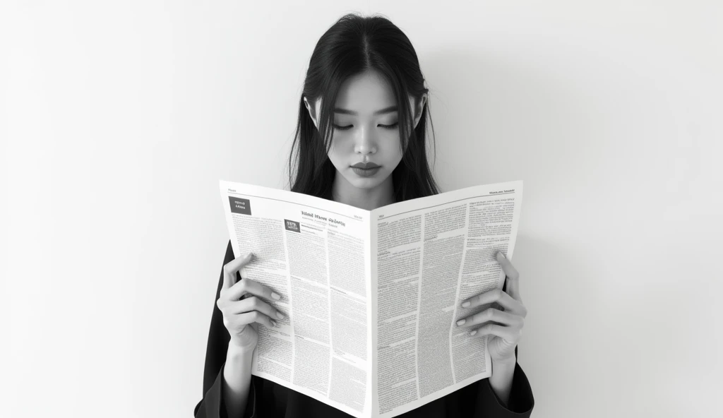 image of a woman reading a newspaper with a black and white background