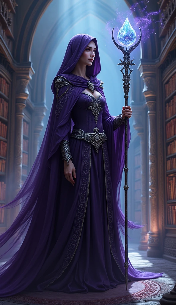 A photo of a mystical sorceress in a flowing, dark purple robe adorned with silver runes. She holds a staff topped with a glowing crystal orb. The sorceress stands in an ancient library filled with shelves of spellbooks and arcane artifacts. A swirling magical energy surrounds her.