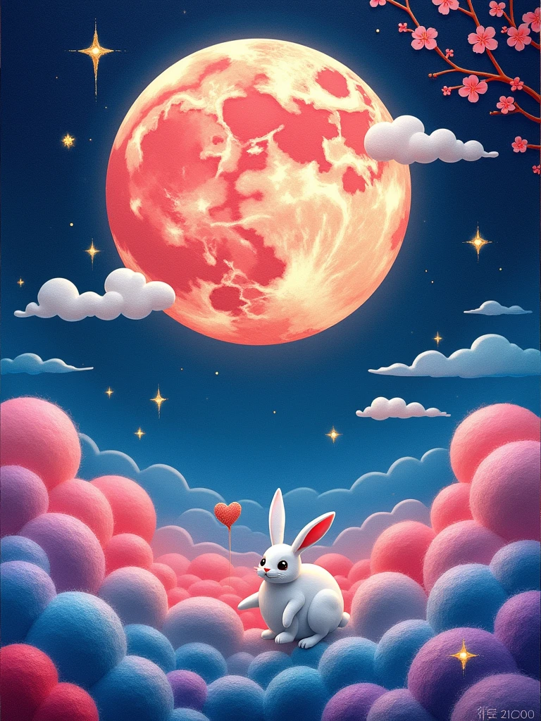 Wool felt style，Surreal space，abstract，Mid-Autumn Festival，Ancient mythology，Hanfu，1个身穿Hanfu的可爱女孩，Chang&#39;e&#39;s felt clothing looks soft and warm under the moonlight，sweet and delicious giant round mooncakes，Fluffy love heart，Fluffy clouds，Star，Beautiful moon，White rabbit，Laurel，Osmanthus fragrans，In a dream，A vibrant and fun way to set the stage，Blue, purple and pink tones，Bright，Art